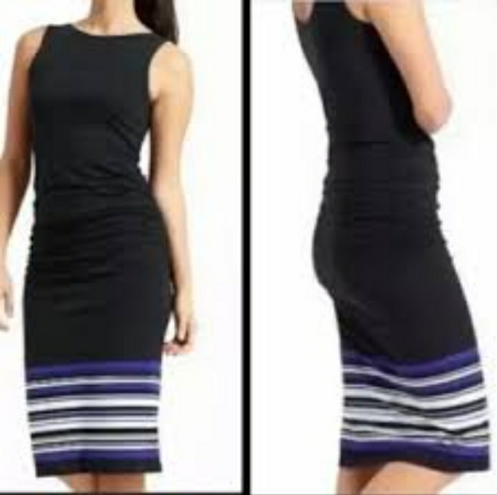 Athleta Black Midi Tank Dress with White and Blue Stripped Bottom Hem size XL